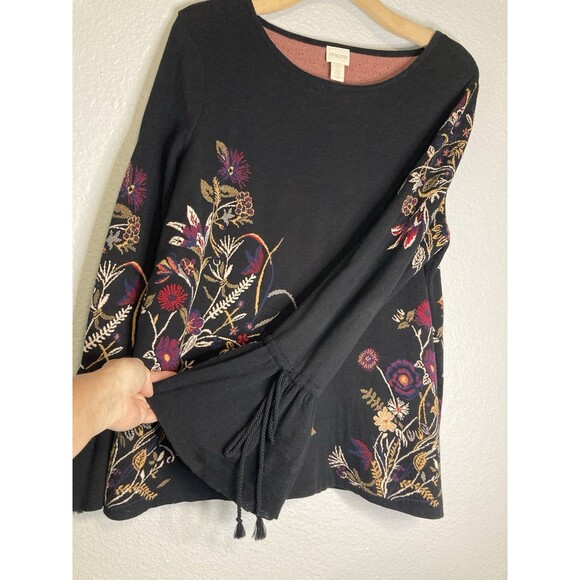 Chicos Sweater Womens Size 2 Black Floral Bell Sleeves Tassels Scoop Neck Cotton - Picture 4 of 8